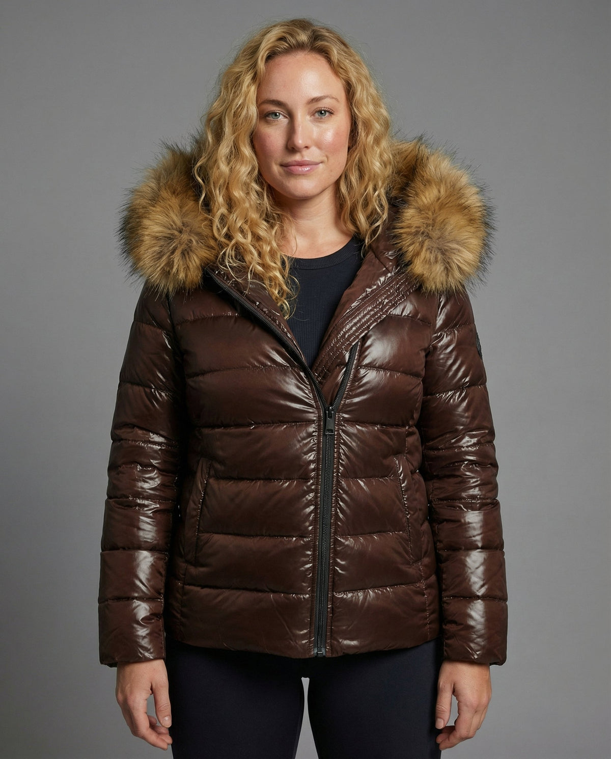 Stalluxe | Damen Steppjacke Kunstfellkragen Braun