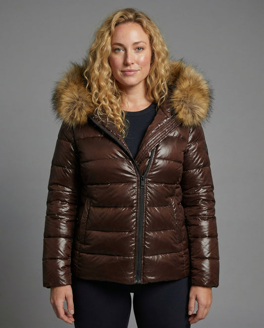 Stalluxe | Damen Steppjacke Kunstfellkragen Braun