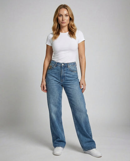 Stalluxe | Retro Leoparden Boyfriend Jeans Blau