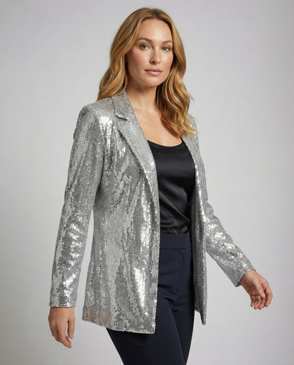 Glamouröser Pailletten Revers Blazer Silber