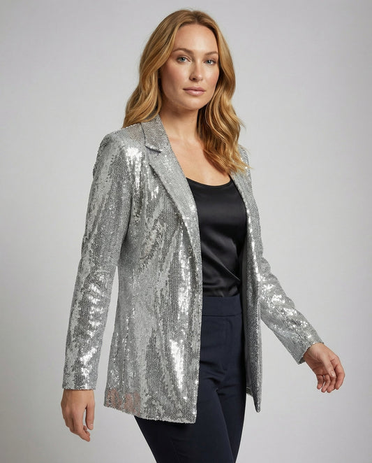 Glamouröser Pailletten Revers Blazer Silber