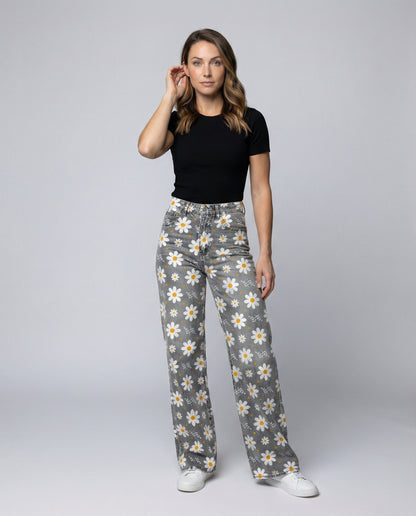 Stalluxe | Floral Weite Damen-Jeans Weiße Blumen
