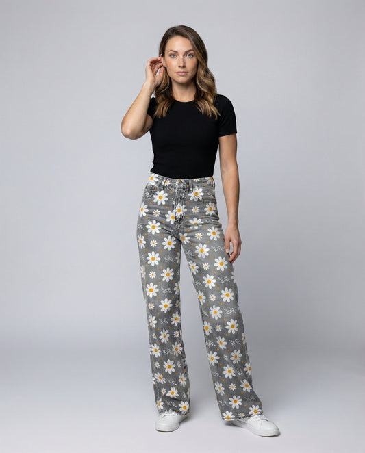 Stalluxe | Floral Weite Damen-Jeans Weiße Blumen