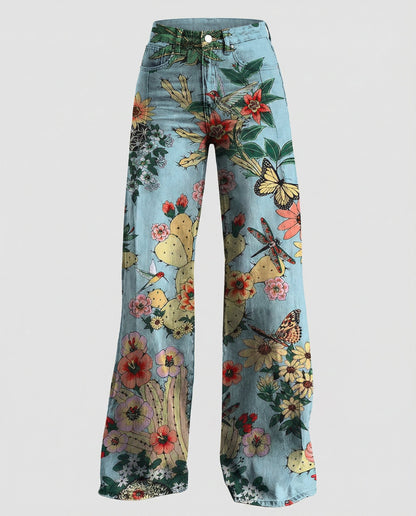 Stalluxe | Floral Weite Damen-Jeans Blauer Wald