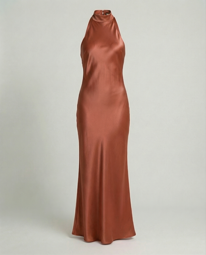 Stalluxe | Elegantes Maxikleid Damen Satin Ziegelrot